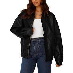 Women's Black Polyester Faux Leather Motorcycle Trendy Oversized Zip Up Jackets